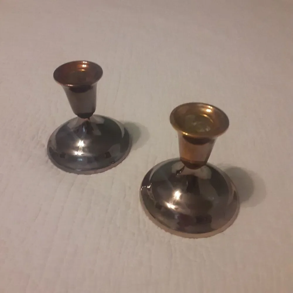Vintage Tarnish Resistant Copper Plate /Glass Candlesticks ×2
